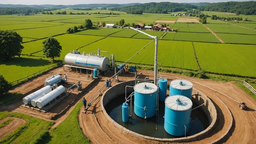 Wide angle view of a rural community installing a water filtration system
