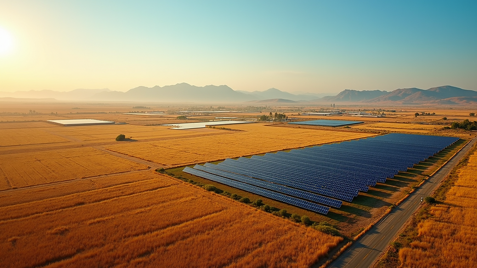 High angle view of a vibrant landscape with solar farms stretching toward the horizon