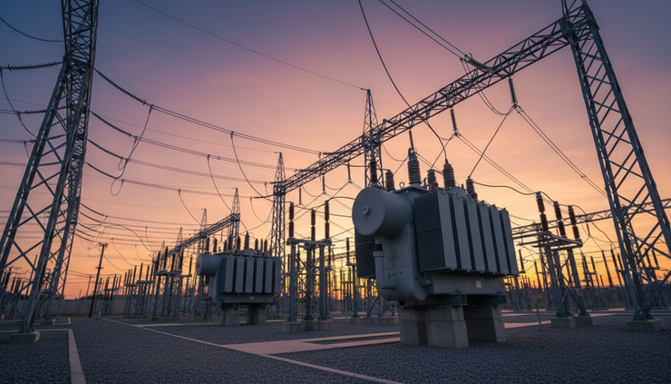 Low-angle view of a high-voltage electrical substation at dusk.