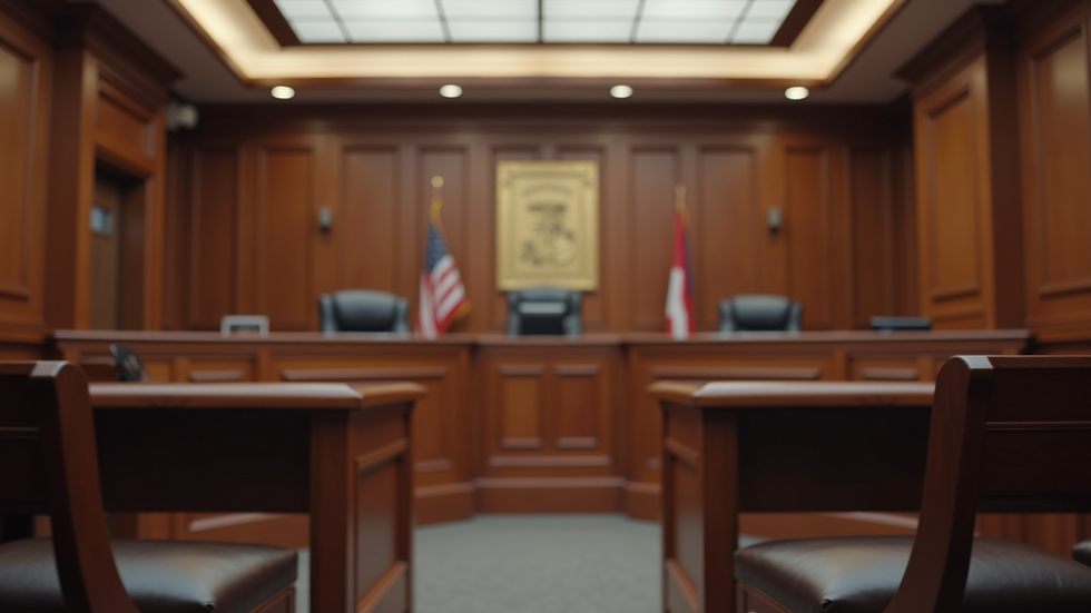 Wide angle view of a courtroom setting highlighting a family law banner