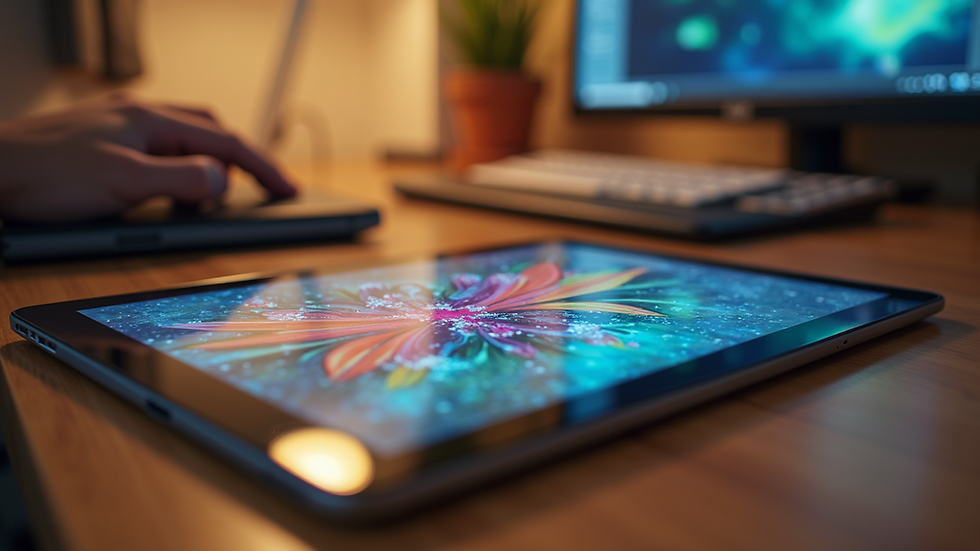 Eye-level view of a colorful digital artwork displayed on a tablet