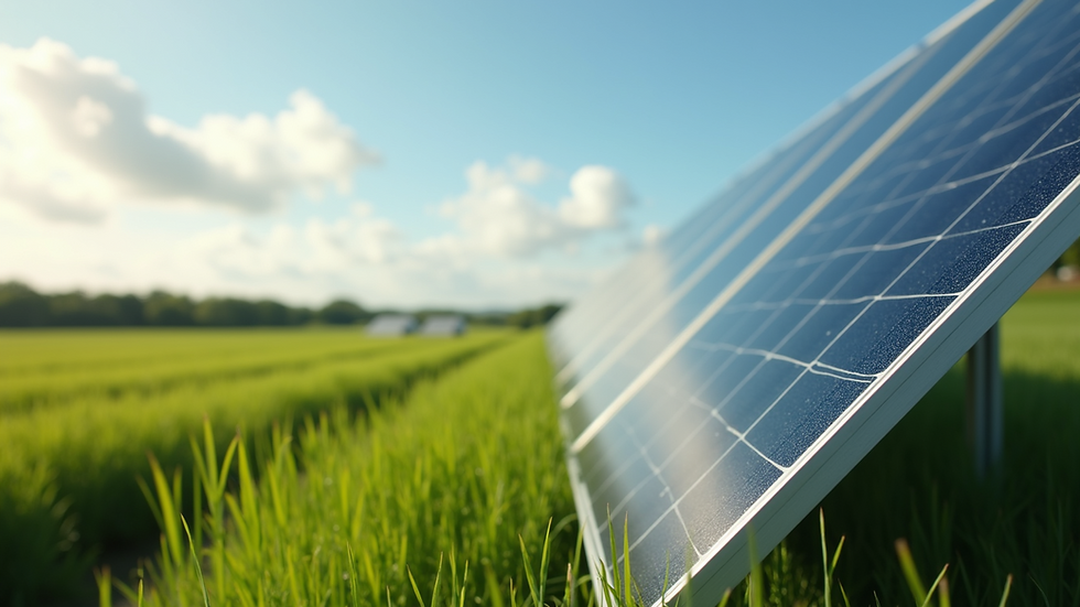 Close-up of solar panels in a green field