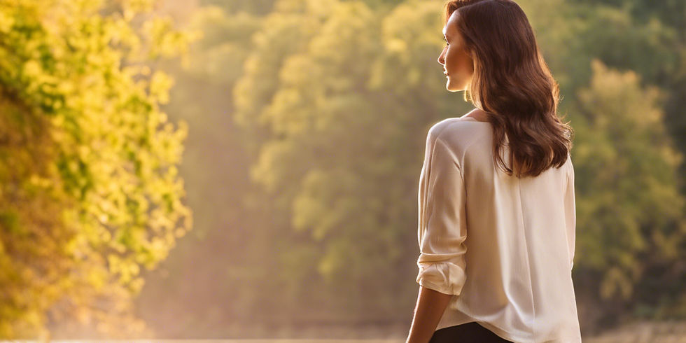 A woman stands serenely in nature, bathed in soft, golden light, symbolizing hope and optimism for the future.