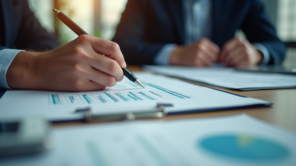 Eye-level view of a business meeting discussing financial documents