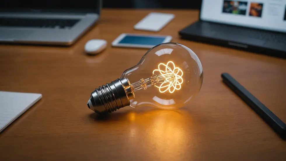 High angle view of a modern LED light bulb illuminating a workspace