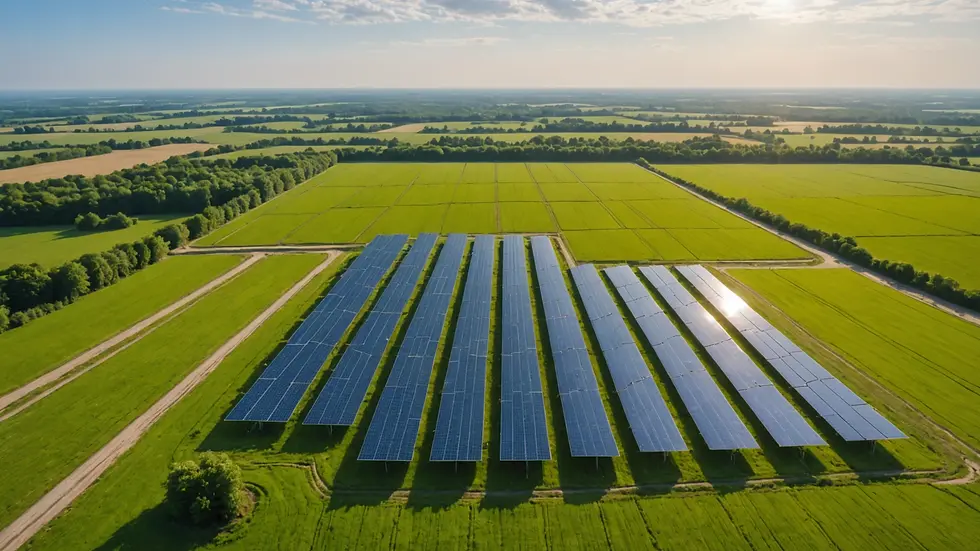 Wide angle view of a solar farm in a green landscape