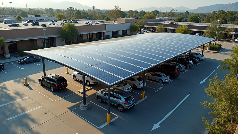 High angle view of a solar carport in a business parking lot