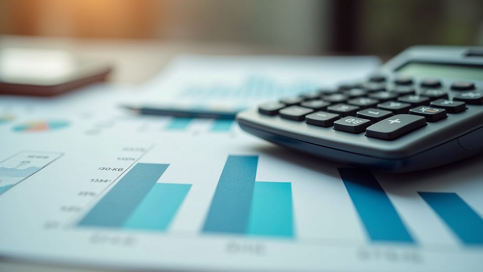 Close-up view of a calculator and financial charts on a desk