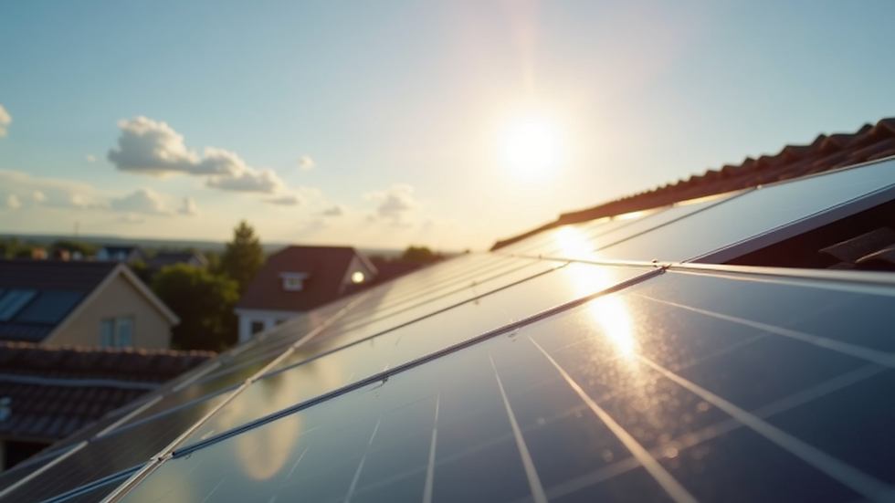 Eye-level view of solar panels on a sunny residential rooftop