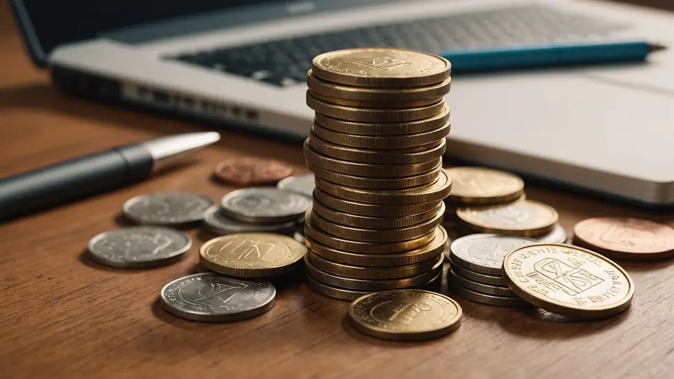 Close-up view of a stack of coins and a notepad
