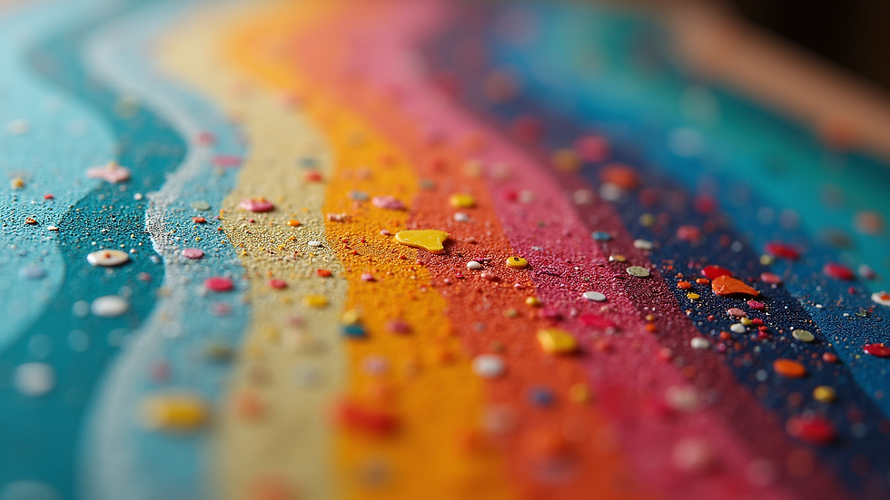 Close-up view of a mixed media artwork with vibrant colors