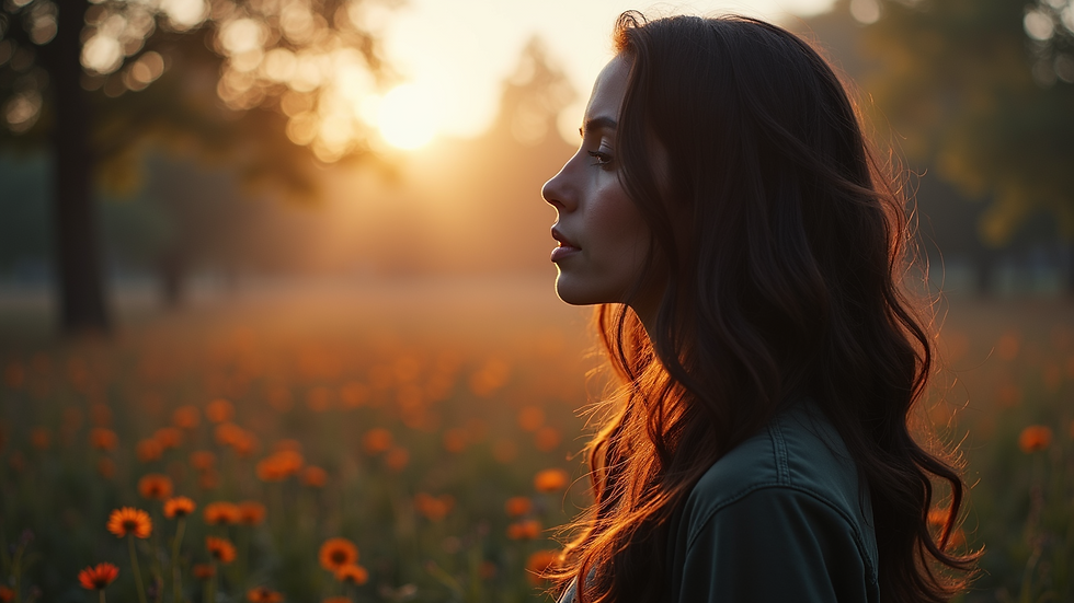 Woman in profile with long hair stands in a field of orange flowers at sunset. Warm light and serene atmosphere.