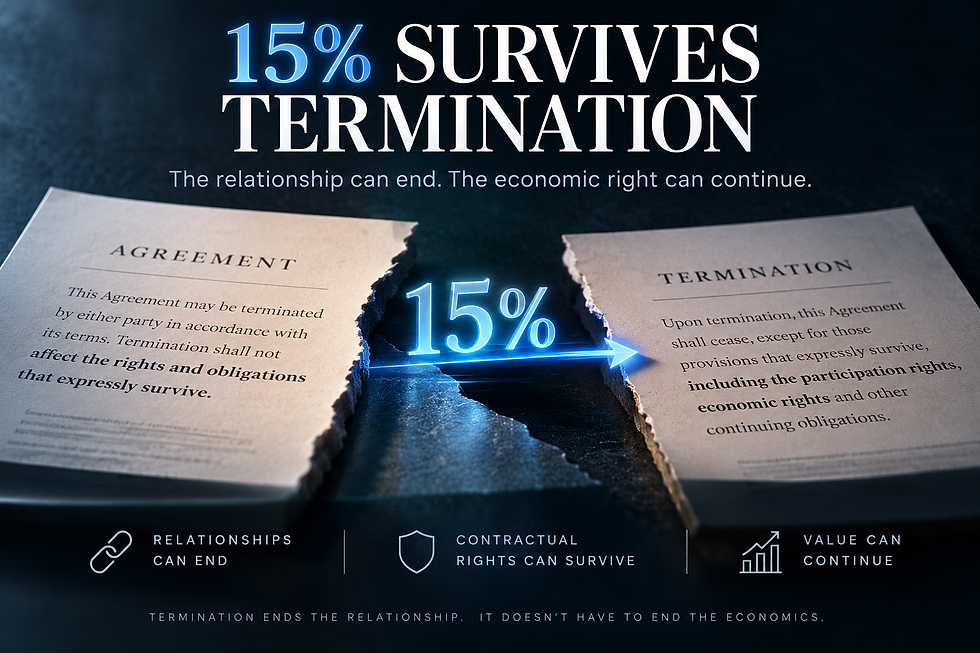 Glowing legal infographic: torn agreement and termination pages split by 15% arrow, with text about surviving rights and value.