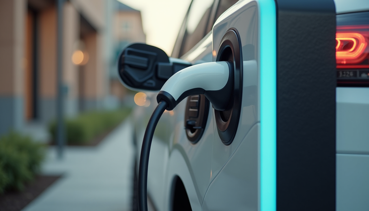 Close-up view of an electric vehicle charging station with a single EV plugged in