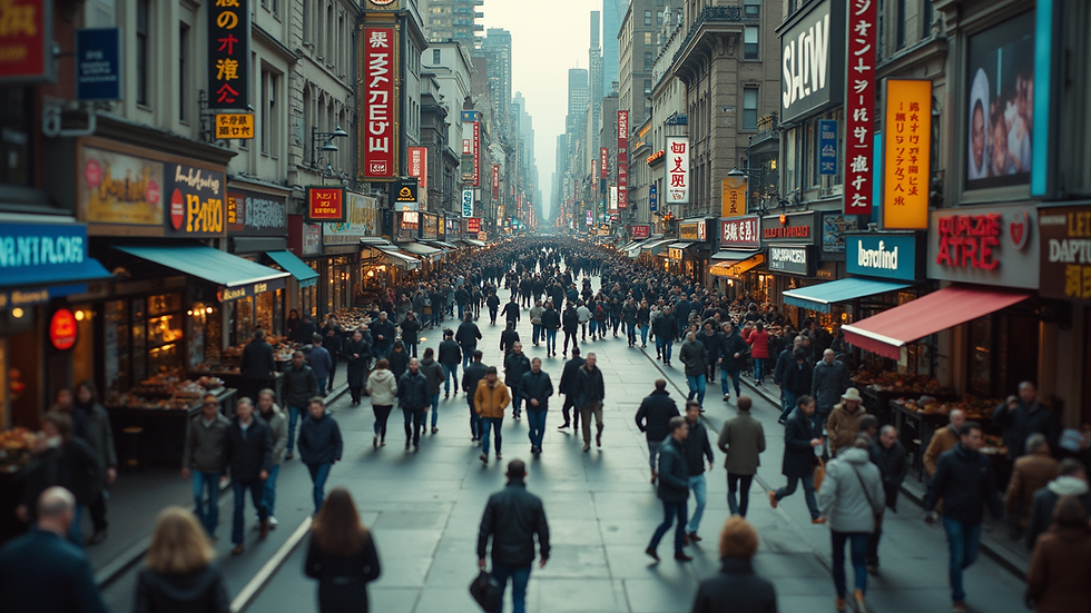 High angle view of a vibrant city street filled with people