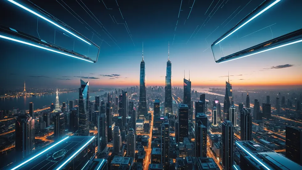 Eye-level view of a futuristic skyline reflecting advancements in technology