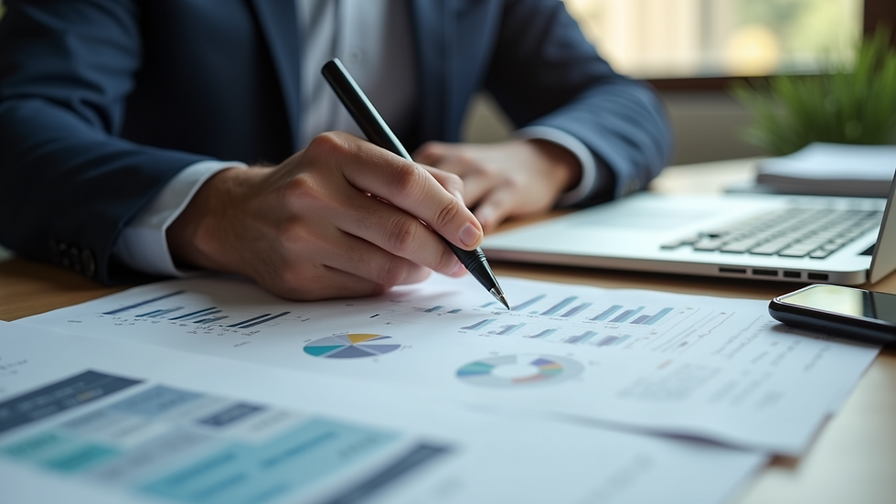 Close-up view of a business owner reviewing financial documents at a desk