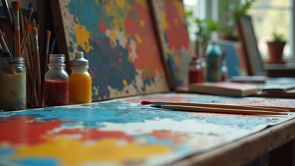 Eye-level view of a colorful art studio with various painting supplies