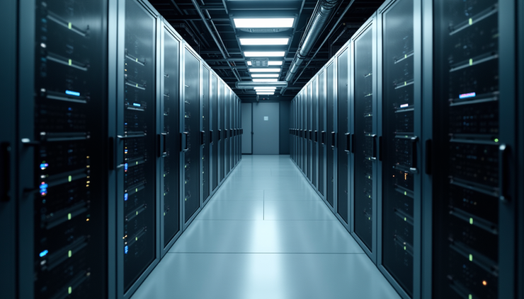 High angle view of a large data center with rows of servers and cooling units