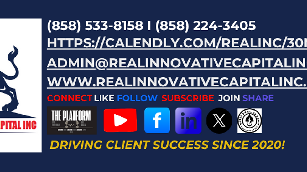 Lion logo with "Real Innovative Capital Inc" on navy. Contact info, social media icons, and "Driving Client Success Since 2020!" text displayed.