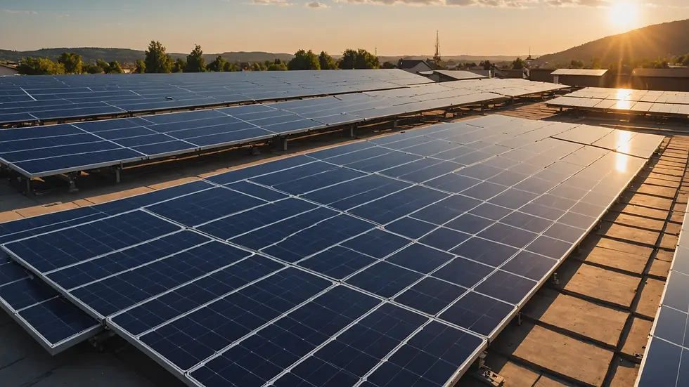 Eye-level view of solar panels installed on a well-lit roof