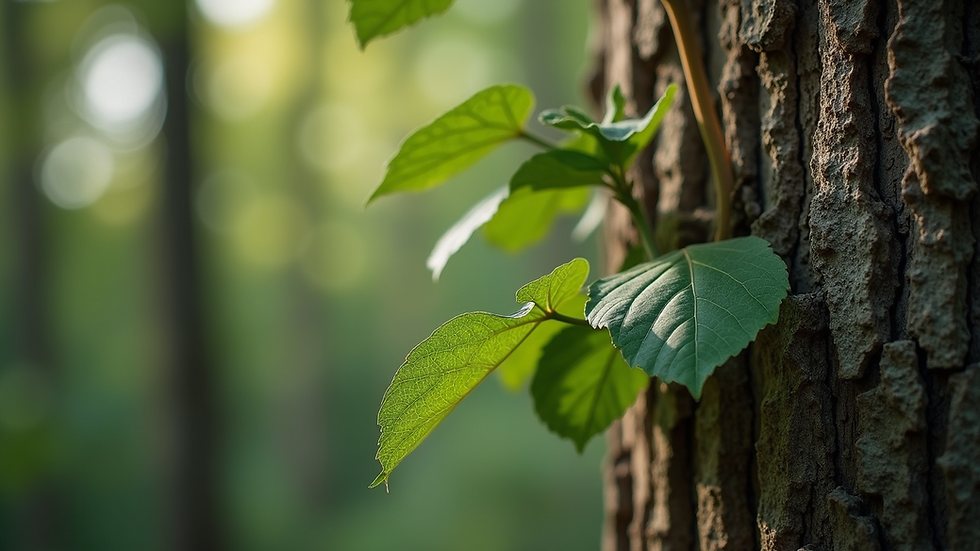 Close-up view of natural textures including tree bark and leaves