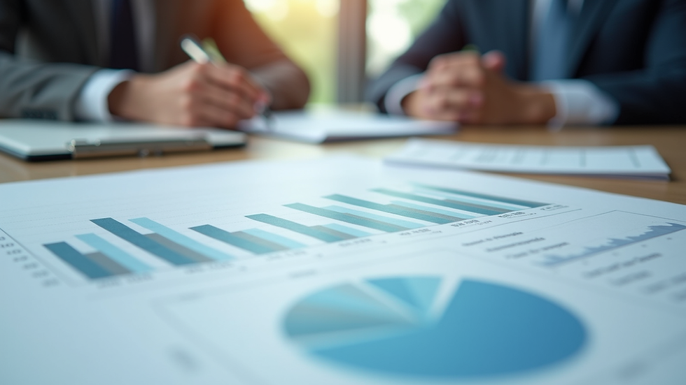 Close-up view of a business meeting with financial charts and documents