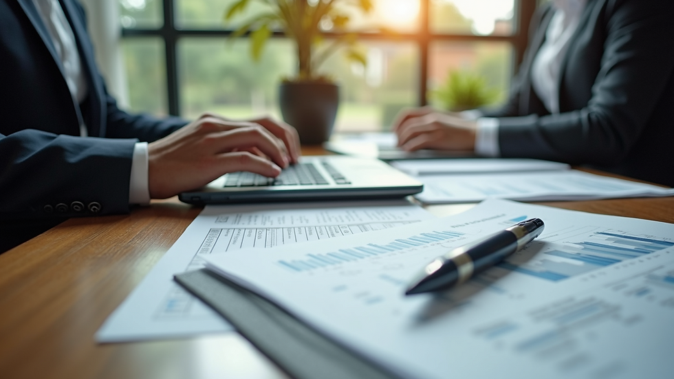 Eye-level view of a small business office with a laptop and financial documents
