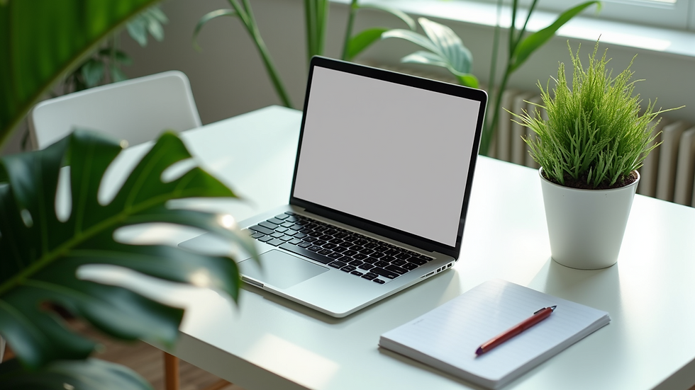 High angle view of an open laptop on a bright desk contrasting nicely with green plants around