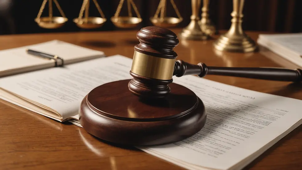 Close-up view of a gavel resting on legal paperwork