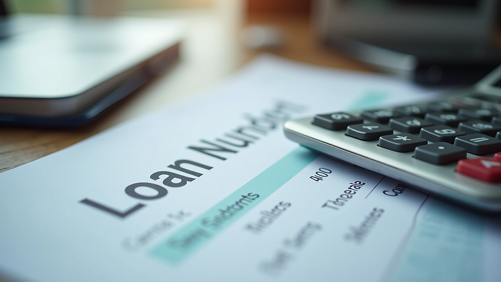 Close-up view of a calculator and loan documents on a desk