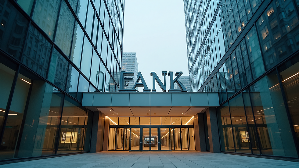 High angle view of a modern bank building exterior