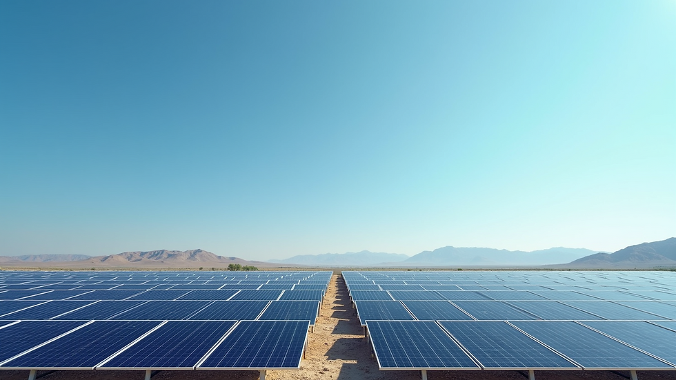 Wide angle view of a solar farm with rows of panels under a clear blue sky
