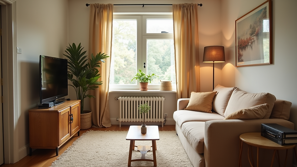 Cozy living room with beige sofa, TV, plant, and coffee table. Natural light through window with yellow curtains. Warm, relaxed vibe.