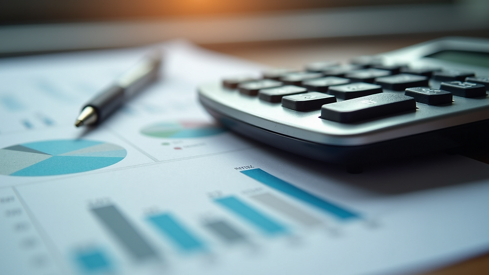 Close-up of a calculator and financial charts on a desk