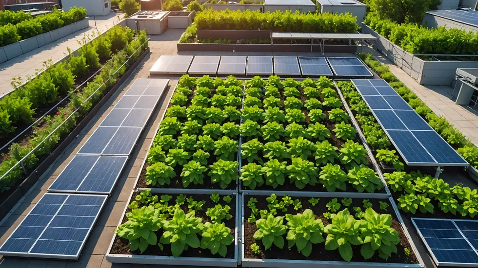 Eye-level view of a vibrant green rooftop garden with solar panels