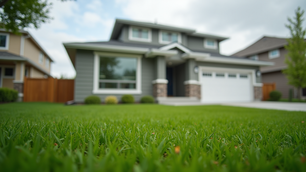 Eye-level view of a modern rental property with a well-maintained lawn