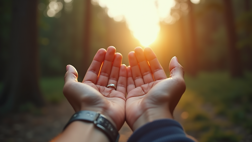 Eye-level view of a set of open hands reaching for assistance