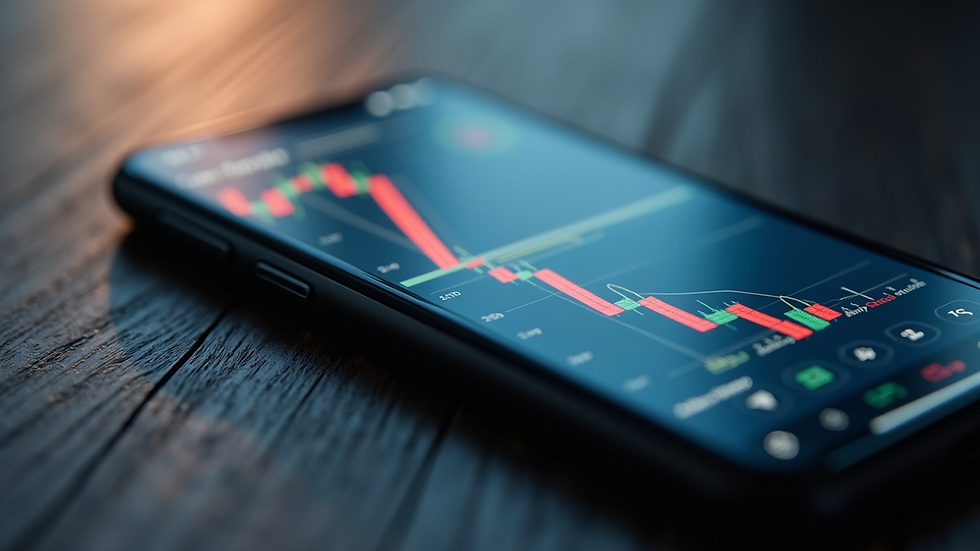 High angle view of a smartphone displaying financial apps and charts