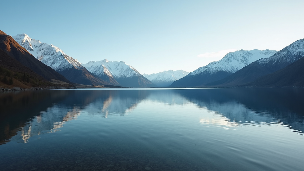 Eye-level view of a serene lake in New Zealand with snow-capped mountains in the background