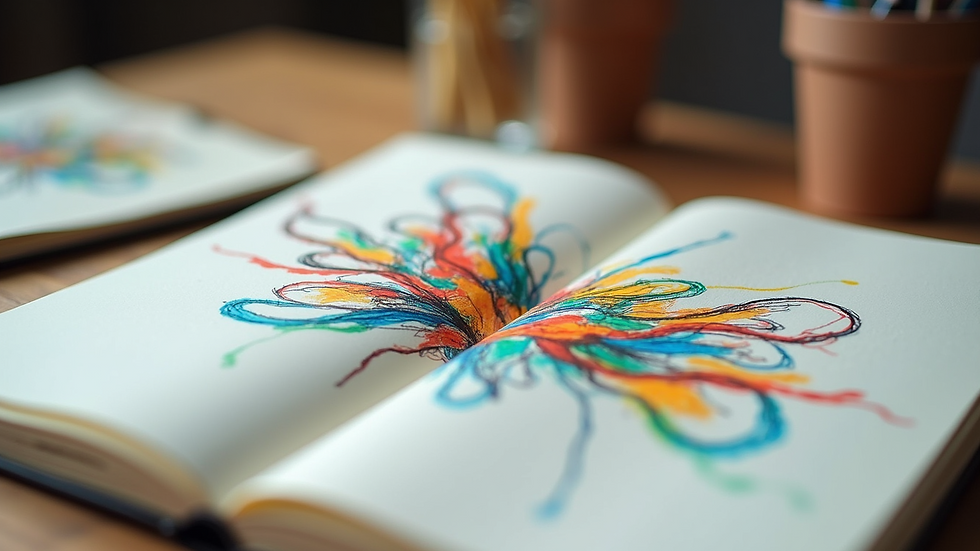 Close-up view of a sketchbook with colorful abstract drawings