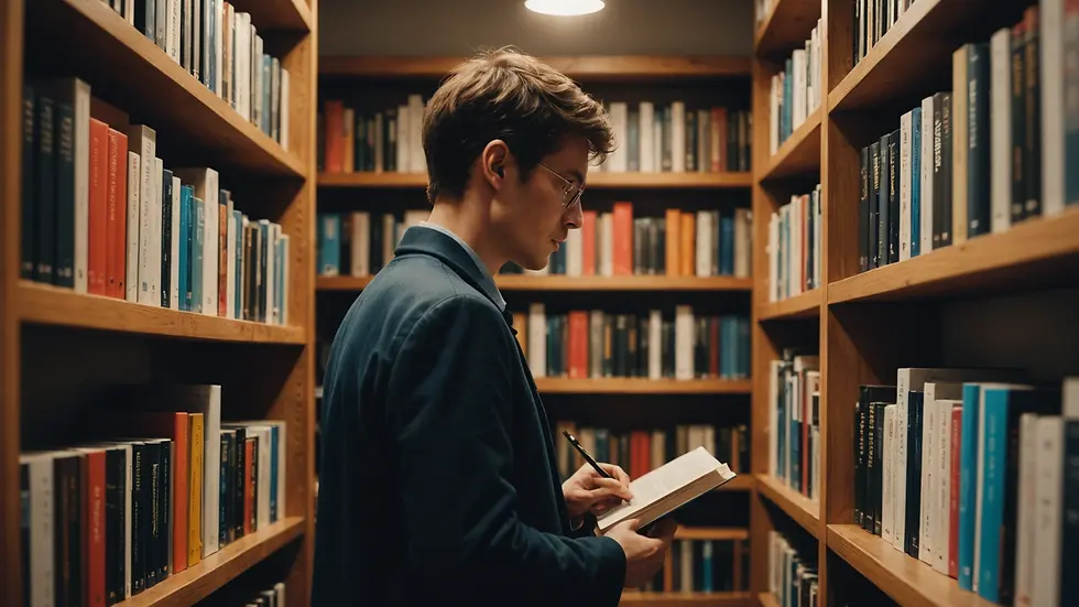 Eye-level view of a person standing near a book shelf filled with financial books