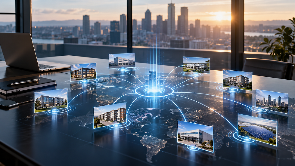 Modern office table with holographic map linking building images, city skyline at sunset in the background