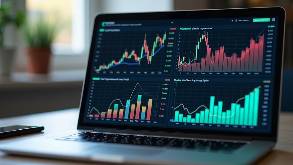 Close-up view of a laptop screen displaying financial charts and graphs