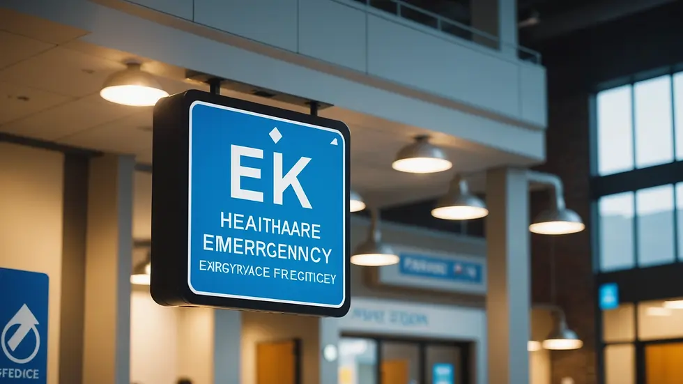 Eye-level view of a healthcare facility sign indicating emergency services