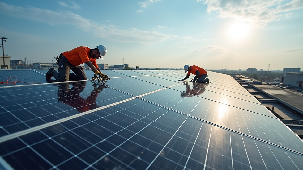 High angle view of solar panels being installed on a commercial rooftop
