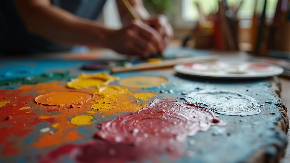 Close-up view of artist's palette with vibrant colors