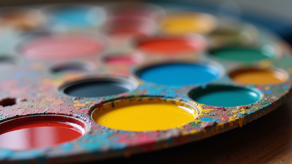 Close-up view of a colorful artist’s palette with mixed paints