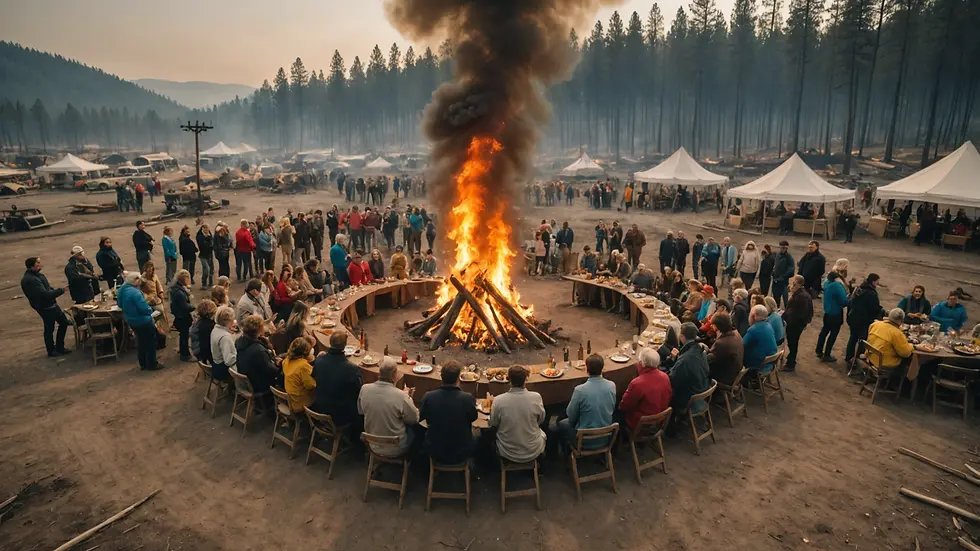 Wide angle view of a community gathering post-wildfire
