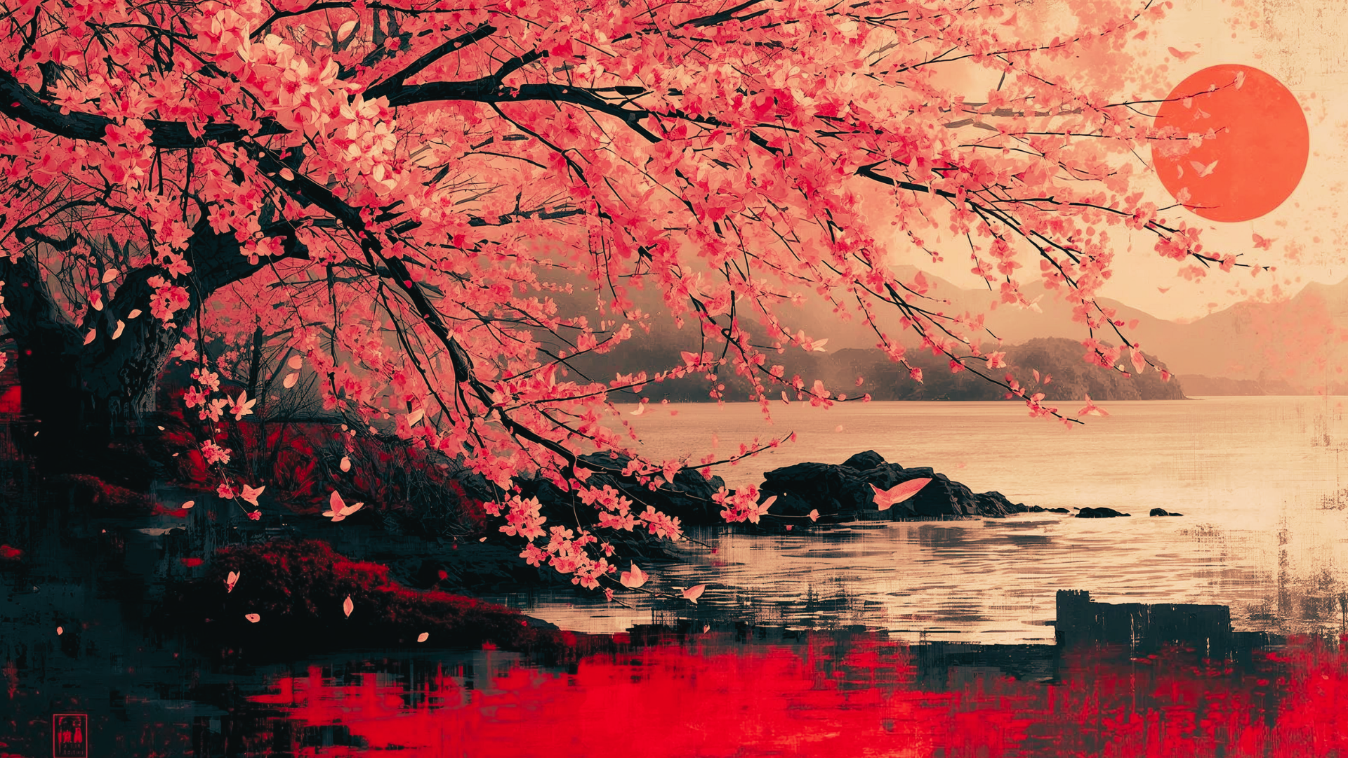 painted crimson coast, Japanese stream overlay, sakura coastal wallpaper, impressionist Japanese garden, painterly stream bac